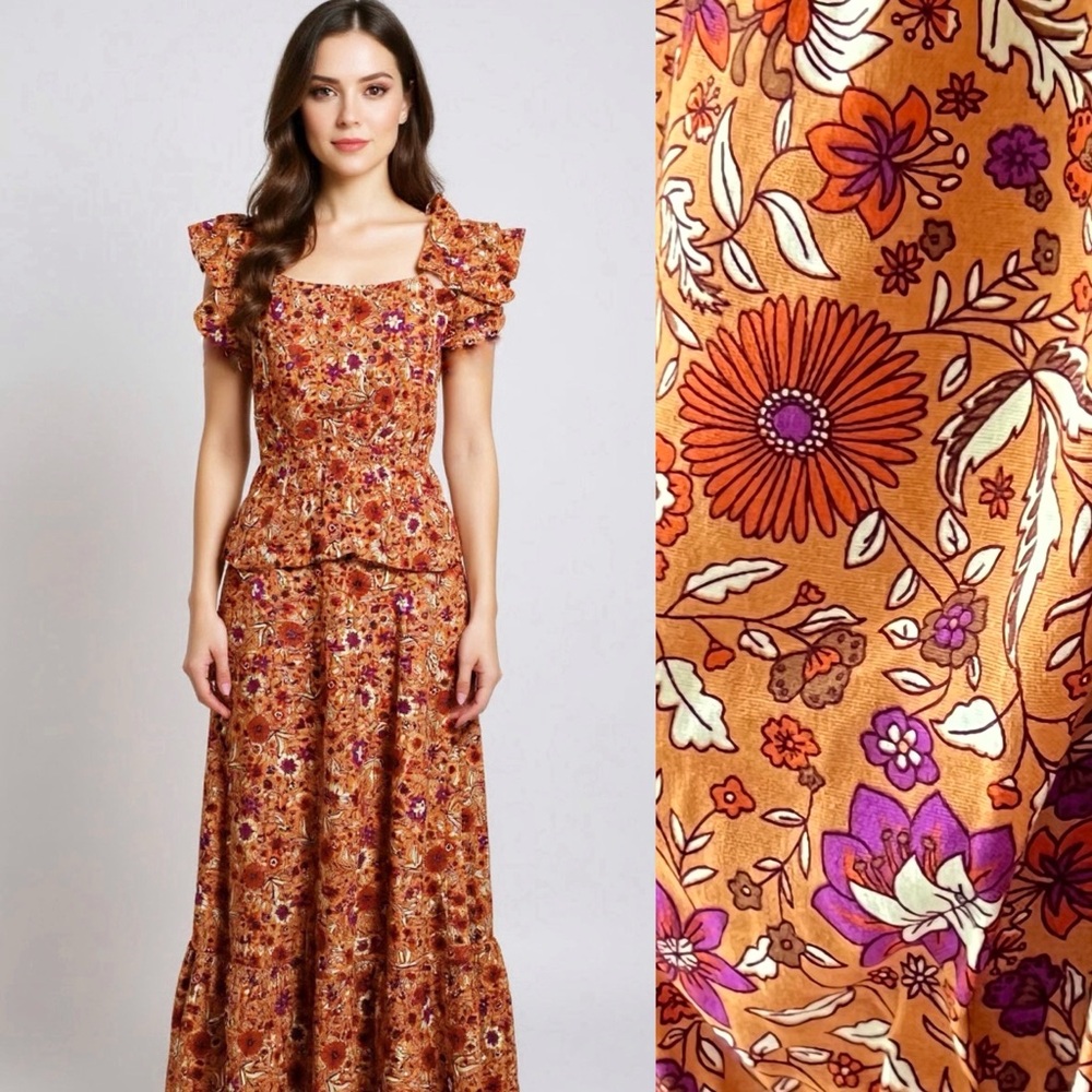 Luna Moon NEW Peasant Cottagecore Floral Prairie Tiered Maxi Skirt Top Set Sz XL